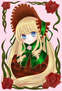 Rating: Safe Score: 0 Tags: 1girl blonde_hair blue_eyes bonnet bow bowtie dress drill_hair flower green_bow image long_hair looking_at_viewer pink_background pink_flower pink_rose red_flower red_rose rose shinku simple_background solo thorns User: admin