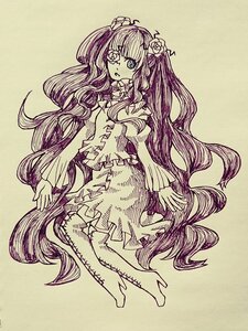 Rating: Safe Score: 0 Tags: 1girl boots bow dress flower hair_flower hair_ornament high_heels image kirakishou long_hair monochrome solo traditional_media very_long_hair User: admin