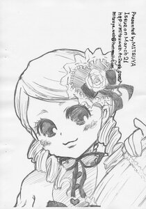 Rating: Safe Score: 0 Tags: 1girl drill_hair english_text flower graphite_(medium) greyscale image kanaria looking_at_viewer monochrome ringlets rose shinku smile solo traditional_media twin_drills watermark User: admin
