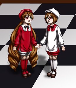 Rating: Safe Score: 0 Tags: 2girls argyle argyle_background argyle_legwear board_game boots brown_hair checkered checkered_background checkered_floor checkered_skirt chess_piece green_eyes hat heterochromia holding_hands image long_hair multiple_girls pair perspective red_eyes reflection short_hair siblings souseiseki suiseiseki thighhighs tile_floor tile_wall tiles twins vanishing_point very_long_hair User: admin