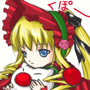 Rating: Safe Score: 0 Tags: 1girl blonde_hair blue_eyes bonnet bow drill_hair food fruit hat image long_hair long_sleeves looking_at_viewer shinku simple_background solo upper_body white_background User: admin