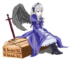 Rating: Safe Score: 0 Tags: 1girl black_wings boots cross dress feathers frills full_body hairband image long_hair long_sleeves red_eyes ribbon silver_hair sitting solo suigintou suitcase weapon white_background wings User: admin