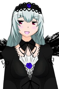 Rating: Safe Score: 0 Tags: 1girl :d black_dress blue_flower blush dress flower frills hairband image lolita_hairband long_hair long_sleeves looking_at_viewer open_mouth red_eyes rose silver_hair simple_background smile solo suigintou upper_body white_background User: admin