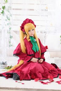 Rating: Safe Score: 0 Tags: 1girl blonde_hair blue_eyes bonnet bow dress flower long_hair long_sleeves looking_at_viewer petals red_dress shinku sitting solo twintails very_long_hair User: admin