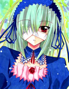 Rating: Safe Score: 0 Tags: 1girl dress eyepatch flower green_hair hairband image lolita_hairband long_hair looking_at_viewer marker_(medium) red_eyes ribbon rose solo suigintou upper_body User: admin