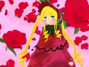 Rating: Safe Score: 0 Tags: 1girl blonde_hair blue_eyes blurry blush bonnet bow capelet depth_of_field dress flower green_bow long_hair long_sleeves looking_at_viewer petals pink_background pink_flower pink_rose red_capelet red_dress red_flower red_rose rose rose_petals shinku solo twintails User: admin