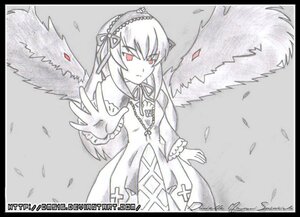 Rating: Safe Score: 0 Tags: 1girl black_border black_wings border dress feathers frills hairband image letterboxed long_hair long_sleeves looking_at_viewer monochrome petals pillarboxed red_eyes ribbon solo spot_color suigintou wings User: admin