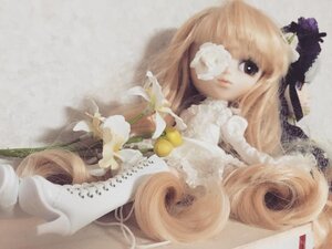 Rating: Safe Score: 0 Tags: 1girl bangs blonde_hair doll dress flower kirakishou long_hair simple_background solo white_flower User: admin