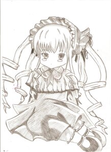 Rating: Safe Score: 0 Tags: 1girl blush bonnet drill_hair graphite_(medium) greyscale image long_hair long_sleeves monochrome shinku shoes solo traditional_media twin_drills twintails User: admin