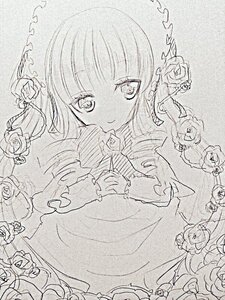 Rating: Safe Score: 0 Tags: 1girl bangs dress eyebrows_visible_through_hair flower image long_hair long_sleeves looking_at_viewer monochrome own_hands_together rose shinku smile solo User: admin