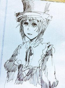 Rating: Safe Score: 0 Tags: 1girl auto_tagged blue_theme hat image long_sleeves looking_at_viewer monochrome short_hair sketch solo souseiseki traditional_media User: admin