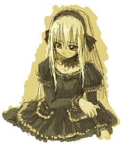 Rating: Safe Score: 0 Tags: 1girl closed_mouth dress frills gothic_lolita hairband image juliet_sleeves lolita_fashion long_hair long_sleeves looking_at_viewer monochrome ribbon rozen_maiden sepia simple_background sitting solo suigintou white_background User: admin