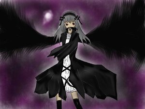 Rating: Safe Score: 0 Tags: 1girl black_dress black_wings dress flower frills hairband image long_hair long_sleeves looking_at_viewer rose silver_hair solo standing suigintou wings User: admin