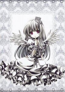 Rating: Safe Score: 0 Tags: 1girl crown dress finger_to_mouth flower hair_ornament image long_hair monochrome rose solo suigintou wings User: admin