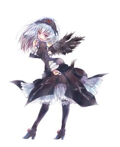 Rating: Safe Score: 0 Tags: 1girl black_wings boots detached_collar dress frilled_sleeves frills full_body hairband high_heel_boots high_heels image long_hair long_sleeves looking_at_viewer looking_back puffy_sleeves red_eyes silver_hair solo standing suigintou white_background wings User: admin