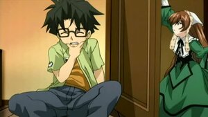 Rating: Safe Score: 0 Tags: 1boy 1girl black_hair brown_hair closed_eyes dress glasses green_dress green_eyes image long_hair long_sleeves pants ribbon shirt sitting solo suiseiseki User: admin