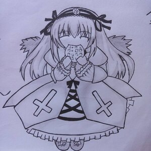 Rating: Safe Score: 0 Tags: 1girl closed_eyes dress flower frills full_body hairband holding image lolita_hairband long_hair long_sleeves monochrome ribbon rose simple_background solo suigintou traditional_media wings User: admin