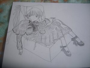 Rating: Safe Score: 0 Tags: 1girl bonnet bowtie dress frills full_body greyscale image in_box long_hair long_sleeves looking_at_viewer monochrome photo ribbon shinku shoes simple_background solo suigintou traditional_media very_long_hair white_background User: admin