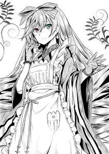 Rating: Safe Score: 0 Tags: 1girl apron bangs closed_mouth frilled_apron frills greyscale hair_ribbon heterochromia image japanese_clothes jewelry kimono long_hair looking_at_viewer maid_apron monochrome red_eyes ribbon smile solo spot_color suiseiseki User: admin