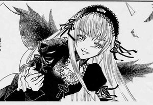 Rating: Safe Score: 0 Tags: 1girl blush dress greyscale hairband image lolita_hairband long_hair long_sleeves looking_at_viewer monochrome ribbon smile solo suigintou traditional_media upper_body wings User: admin