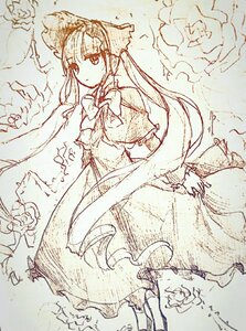 Rating: Safe Score: 0 Tags: 1girl bow dress flower hair_bow image long_hair long_sleeves looking_at_viewer monochrome rose shinku sketch solo User: admin