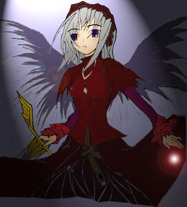 Rating: Safe Score: 0 Tags: 1girl cowboy_shot dress image long_hair long_sleeves looking_at_viewer red_dress silver_hair solo standing suigintou wings User: admin