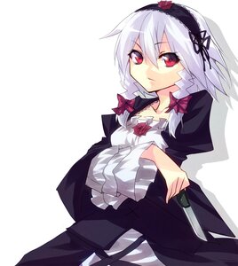 Rating: Safe Score: 0 Tags: 1girl bow collarbone dress flower frills hairband image knife long_sleeves looking_at_viewer red_eyes red_flower red_rose rose short_hair silver_hair solo suigintou weapon white_background User: admin
