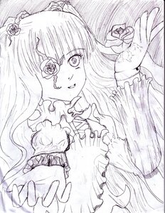 Rating: Safe Score: 0 Tags: 1girl eyepatch flower hair_flower hair_ornament image kirakishou long_hair monochrome rose smile solo traditional_media User: admin