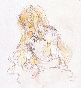 Rating: Safe Score: 0 Tags: 1girl blonde_hair closed_eyes dress flower frills image kirakishou long_hair long_sleeves rose solo very_long_hair white_dress User: admin