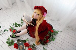 Rating: Safe Score: 0 Tags: 1girl blonde_hair blue_eyes dress flower lolita_fashion long_hair red_dress red_flower red_rose rose shinku sitting solo User: admin