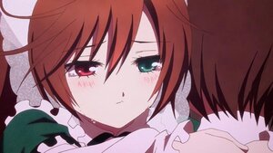 Rating: Safe Score: 0 Tags: 1boy 1girl blush brown_hair close-up dress face frills green_eyes image long_sleeves red_eyes sad short_hair solo suiseiseki tears User: admin