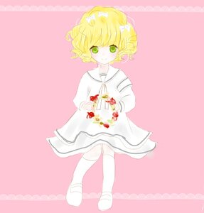 Rating: Safe Score: 0 Tags: 1girl blonde_hair blush bouquet bow cake dress flower food fruit full_body green_eyes hair_bow hinaichigo image long_sleeves pink_background sailor_collar short_hair smile solo strawberry striped User: admin