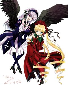 Rating: Safe Score: 0 Tags: 2girls black_wings blonde_hair blue_eyes bonnet dress frills hairband heart image long_hair long_sleeves multiple_girls pair pantyhose pink_eyes red_dress shinku smile suigintou twintails very_long_hair wings User: admin