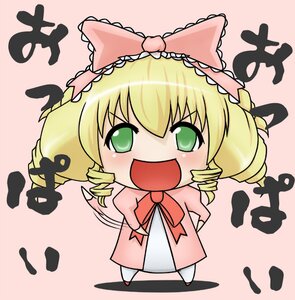 Rating: Safe Score: 0 Tags: 1girl :d blonde_hair bow chibi dress drill_hair green_eyes hina_ichigo hinaichigo image long_sleeves open_mouth pink_bow smile solo twin_drills User: admin