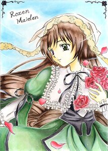 Rating: Safe Score: 0 Tags: 1girl brown_hair dress flower frills green_dress green_eyes hat head_scarf heterochromia image long_hair long_sleeves petals pink_flower rose rose_petals solo suiseiseki traditional_media very_long_hair User: admin