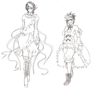 Rating: Safe Score: 0 Tags: barasuishou boots dress frills full_body horns image kirakishou long_sleeves monochrome monster_girl pair personification smile torn_clothes User: admin