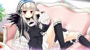 Rating: Safe Score: 0 Tags: 1girl asa_(swallowtail) black_legwear blush chair commentary_request couch cup doll_joints dress flower frills gothic_lolita hairband highres image joints knee_up kneehighs lolita_fashion lolita_hairband long_hair long_sleeves looking_at_viewer photoshop_(medium) red_eyes ribbon rose rozen_maiden silver_hair sitting solo suigintou tea teacup wings User: admin
