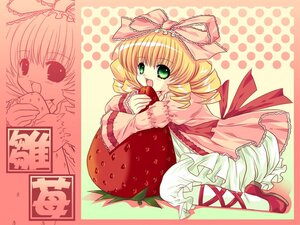 Rating: Safe Score: 0 Tags: 1girl blonde_hair bow dress drill_hair food frills fruit green_eyes halftone halftone_background hina_ichigo hinaichigo image long_sleeves looking_at_viewer open_mouth pink_bow polka_dot polka_dot_background ribbon shoes smile solo strawberry zoom_layer User: admin