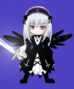 Rating: Safe Score: 0 Tags: 1girl black_wings blue_background cantarella_(artist) chibi detached_collar dress frilled_sleeves frills full_body hairband holding holding_weapon image lolita_hairband long_hair long_sleeves looking_at_viewer lowres rose rozen_maiden simple_background solo standing suigintou sword weapon wings User: admin