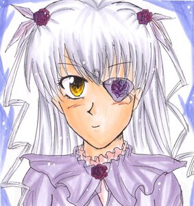 Rating: Safe Score: 0 Tags: 1girl barasuishou blush closed_mouth eyepatch flower frills hair_flower hair_ornament image long_hair looking_at_viewer purple_dress purple_flower purple_rose red_flower red_rose rose silver_hair smile solo traditional_media two_side_up yellow_eyes User: admin