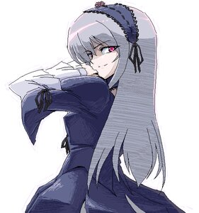 Rating: Safe Score: 0 Tags: 1girl bangs black_dress closed_mouth dress eyebrows_visible_through_hair frills hairband image juliet_sleeves lolita_hairband long_hair long_sleeves looking_at_viewer looking_back outline pink_eyes simple_background smile solo suigintou white_background User: admin