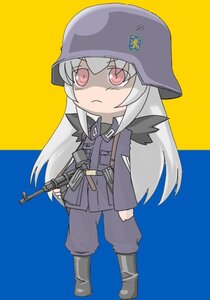 Rating: Safe Score: 0 Tags: 1girl boots chibi gun helmet image long_hair military military_uniform red_eyes solo suigintou uniform weapon yellow_background User: admin