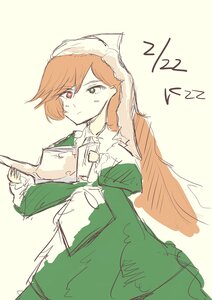 Rating: Safe Score: 0 Tags: bangs book brown_hair closed_mouth dress green_dress green_eyes heterochromia holding image long_hair long_sleeves red_eyes simple_background sketch solo suiseiseki white_background User: admin