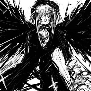 Rating: Safe Score: 0 Tags: 1girl black_wings commentary_request dress greyscale hair_over_eyes hairband image komojino-u lolita_hairband long_hair long_sleeves monochrome open_mouth rozen_maiden sketch solo suigintou weapon wings User: admin
