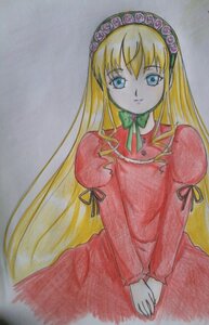 Rating: Safe Score: 0 Tags: 1girl blonde_hair blue_eyes closed_mouth cowboy_shot dress flower image juliet_sleeves long_hair long_sleeves looking_at_viewer marker_(medium) puffy_sleeves red_dress ribbon shinku simple_background solo traditional_media v_arms very_long_hair User: admin