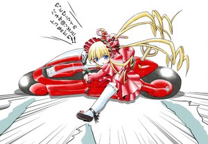 Rating: Safe Score: 0 Tags: 1girl blonde_hair blue_eyes bonnet car dress driving frills ground_vehicle image motor_vehicle motorcycle red_dress riding shinku shoes solo thighhighs twintails white_legwear User: admin