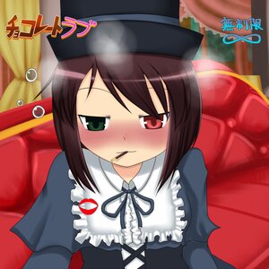 Rating: Safe Score: 0 Tags: 1girl blush brown_hair curtains dress food frills hat image mouth_hold pocky red_eyes ribbon short_hair solo souseiseki User: admin