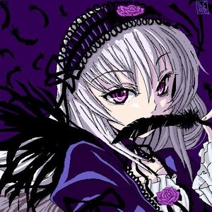 Rating: Safe Score: 0 Tags: 1girl artist_request black_wings dress feathers flower frills hairband image long_hair long_sleeves looking_at_viewer lowres pink_eyes purple_flower purple_rose rose rozen_maiden silver_hair solo suigintou wings User: admin