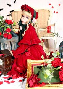 Rating: Safe Score: 0 Tags: 1girl blonde_hair blue_eyes bonnet dress drill_hair flower hat long_hair red_flower red_rose rose shinku sitting solo User: admin