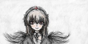 Rating: Safe Score: 0 Tags: 1girl black_wings blush dress frills hairband image long_hair long_sleeves looking_at_viewer monochrome rose simple_background solo suigintou upper_body wings User: admin